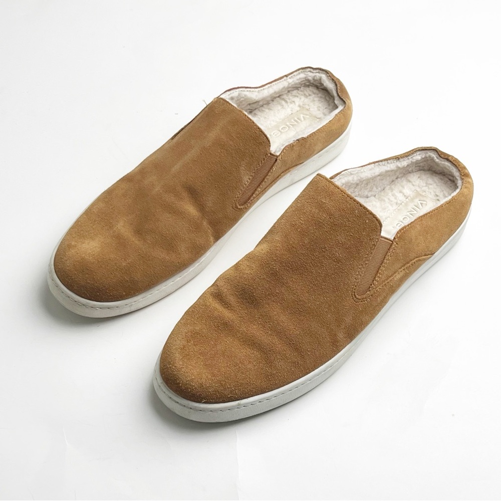 VINCE Verrell Tan Suede Shearling Lined Backless Slip On Shoes, Size 8.5